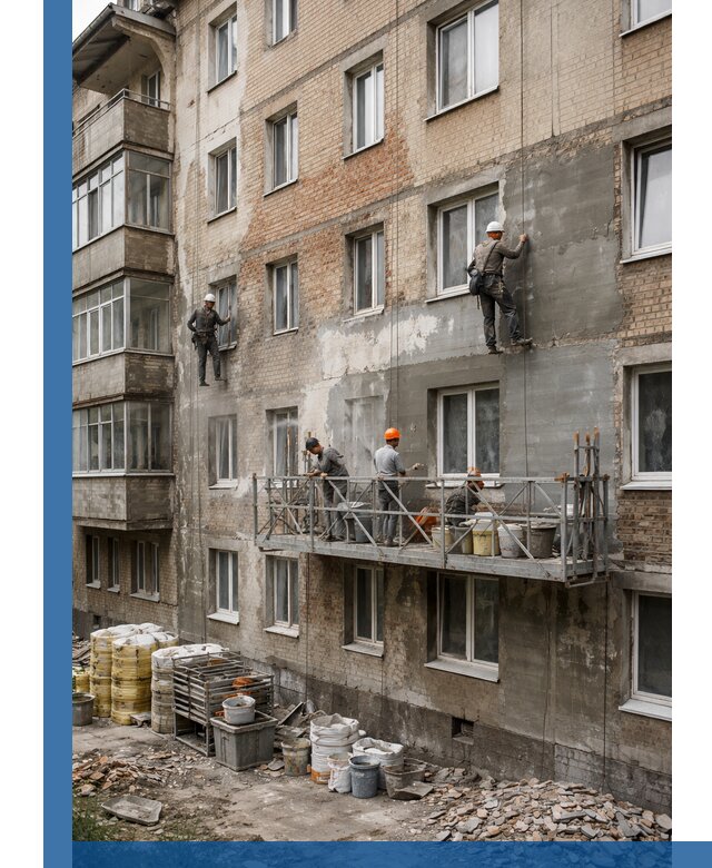 Капитальный ремонт фасада в Ахтубинске с восстановлением и гидроизоляцией