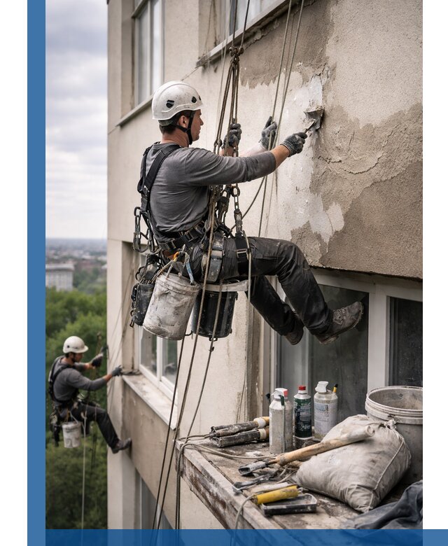 Косметический ремонт фасада зданий в Ахтубинске промышленными альпинистами