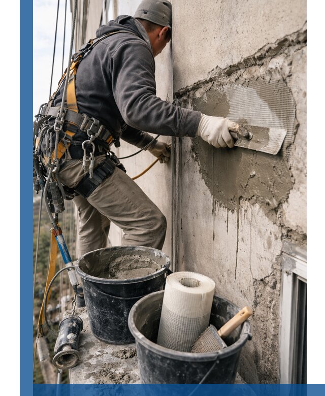 Ремонт бетонных элементов фасада промышленными альпинистами в Ахтубинске