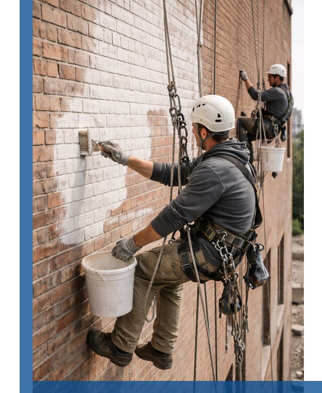 Покраска кирпичного фасада с доступным альпинистским сервисом в Ахтубинске
