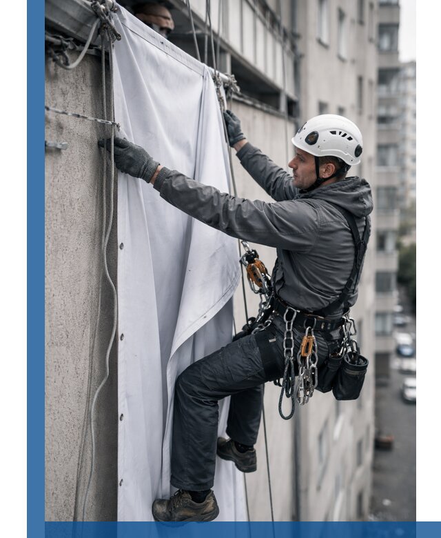 Замена баннерного полотна промышленными альпинистами в Ахтубинске