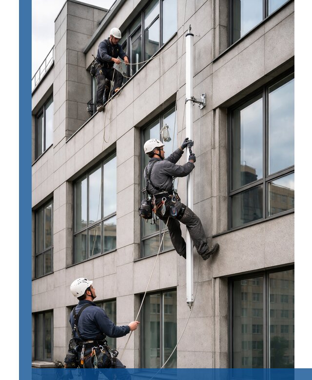Монтаж флагштока на фасаде здания с креплением и герметикой в Ахтубинске