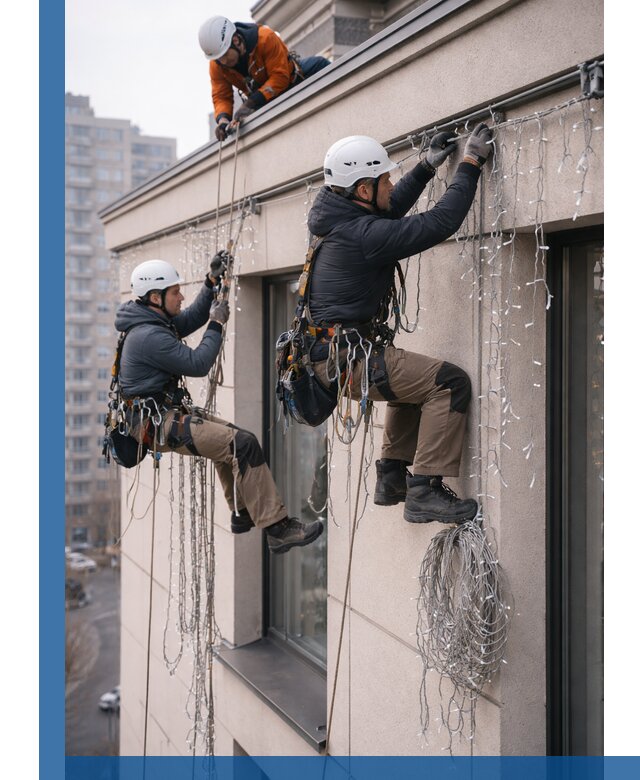 Монтаж праздничных гирлянд на фасаде в Ахтубинске для зданий