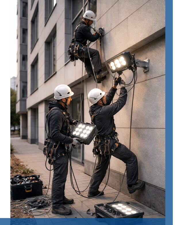 Монтаж прожекторов на фасаде в Ахтубинске от 7766 р. | ВЫСОТНИК-Хтб
