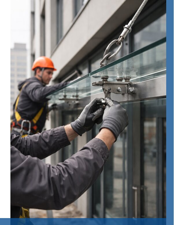 Монтаж стеклянных козырьков в Ахтубинске от 8802 р. | ВЫСОТНИК-Хтб