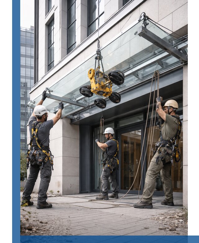 Монтаж стеклянных козырьков под ключ в Ахтубинске для зданий