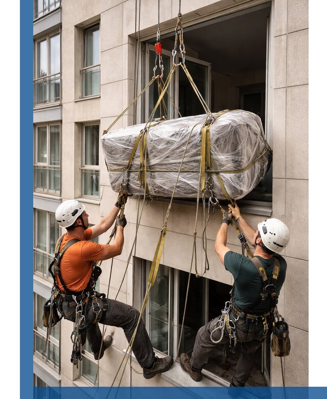 Подъем грузов через окно в Ахтубинске промышленными альпинистами