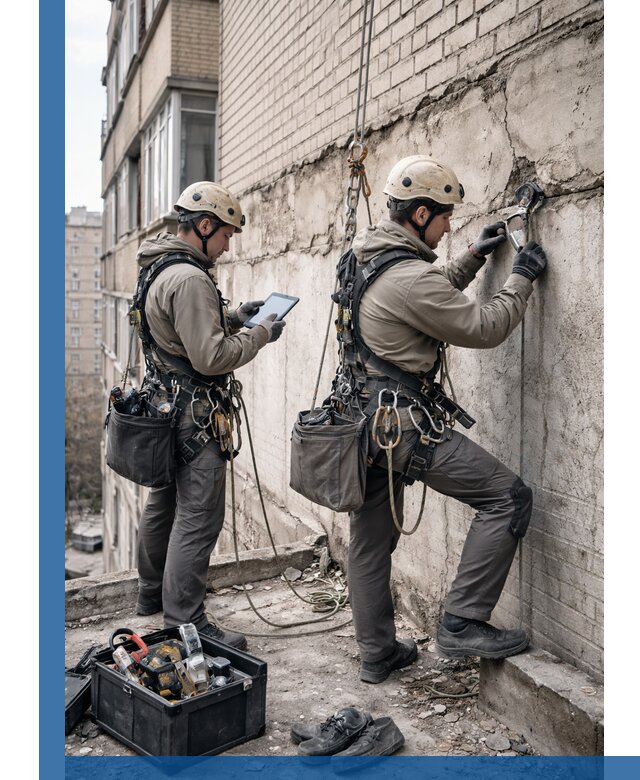 Обследование фасада промышленными альпинистами в Ахтубинске